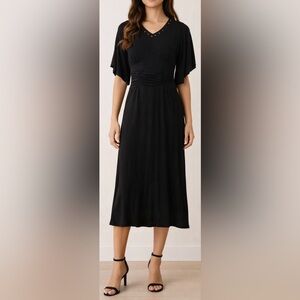 SANDRA DARREN Black Studded V-Neck Maxi Dress Kimono Sleeve Smocked Waist Size 8